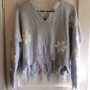 knitted sweater, light blue with white flowers pattern